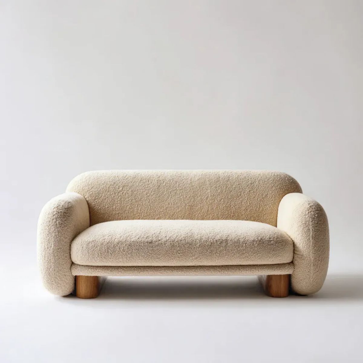 Beżowa sofa dwuosobowa z tapicerką bouclé i drewnianymi nogami, 140 × 80 × 75 cm