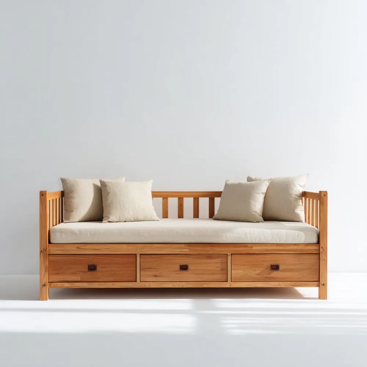Rozkładana sofa z 3 szufladami z drewna sosnowego, jasnobrązowo-kremowa, 200 x 90 x 90 cm