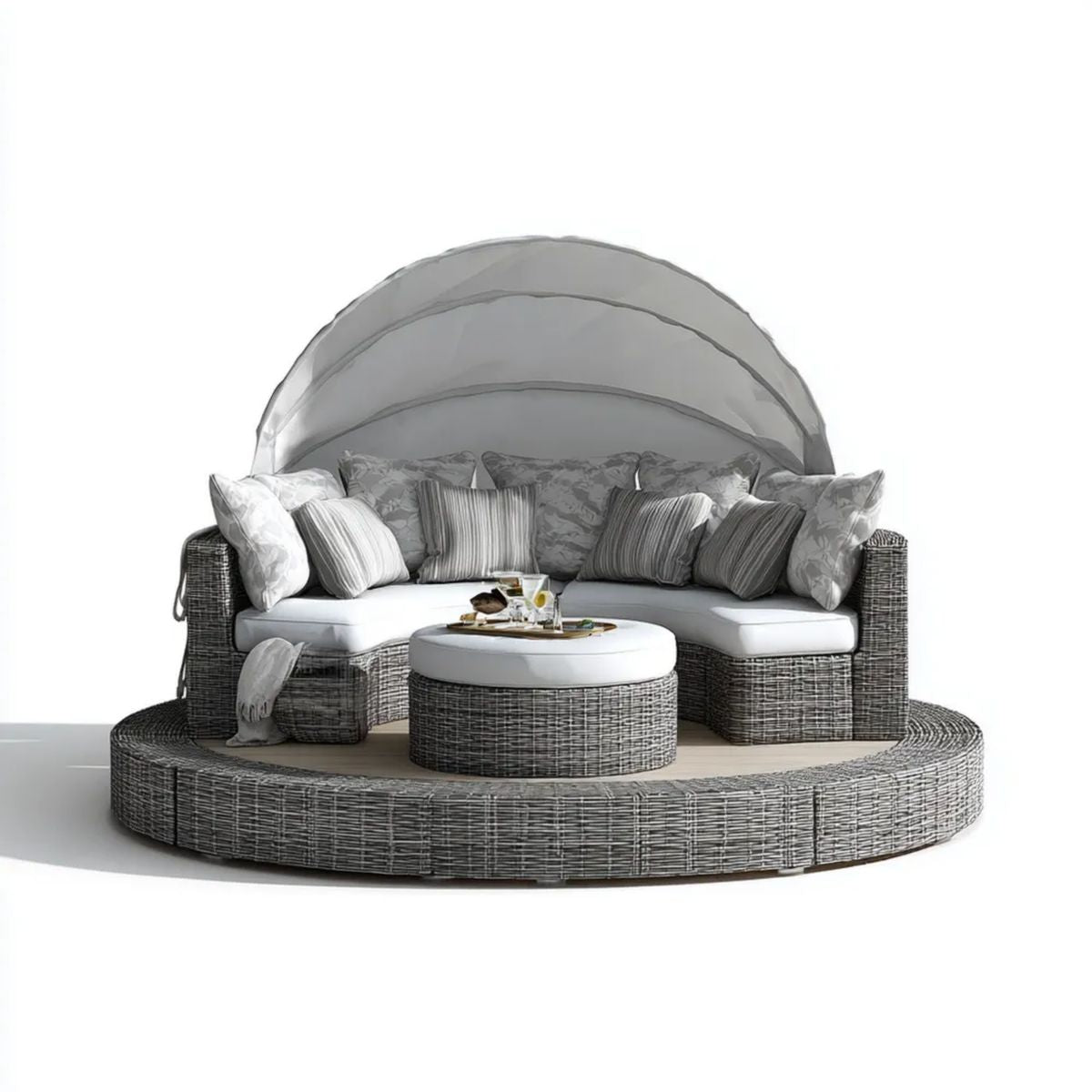 Okrągła sofa ogrodowa z daszkiem z technorattanu, szara/jasnoszara, 220 x 220 x 200 cm