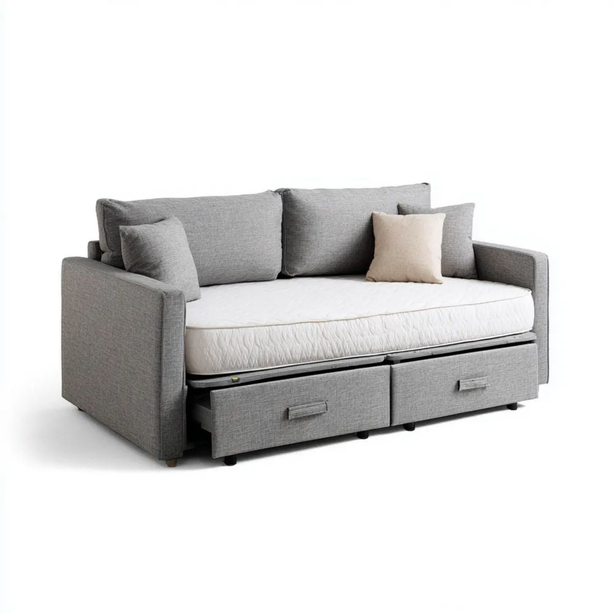 Szara sofa rozkładana z tapicerką poliestrową, materacem i 2 szufladami, 220 x 100 x 85 cm