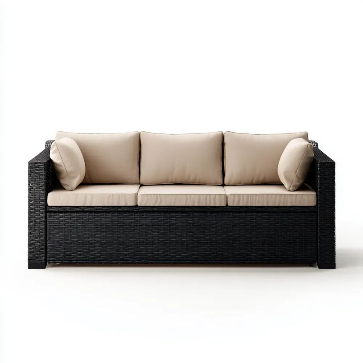 Trzyosobowa sofa ogrodowa z technorattanu czarna z beżowymi poduszkami, 182 x 70 x 70 cm