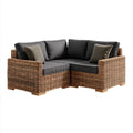 2-częściowa narożna sofa ogrodowa z rattanu brązowa z czarnymi poduszkami, 160 × 160 × 70 cm
