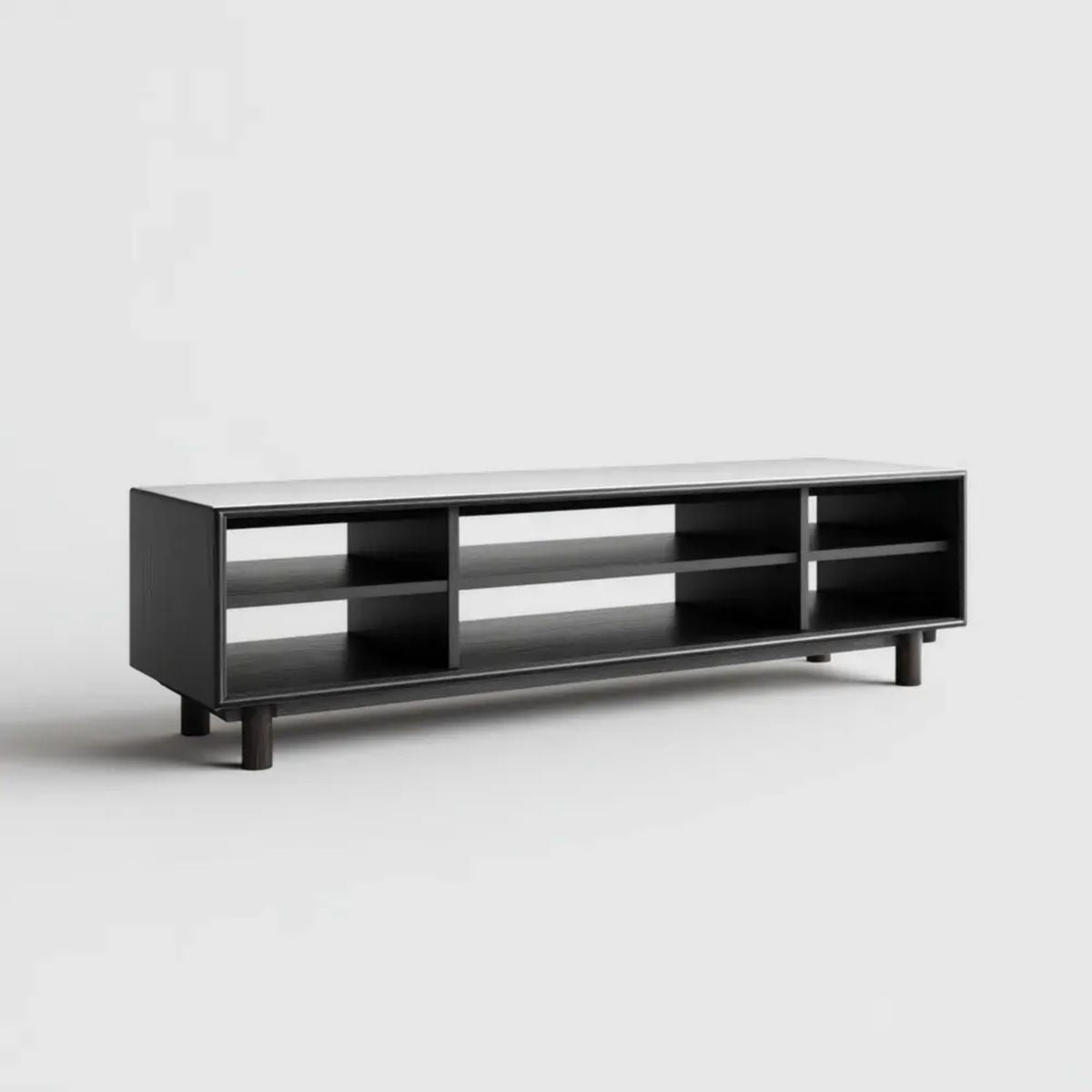Czarna drewniana szafka RTV 180 × 40 × 50 cm z 6 otwartymi półkami
