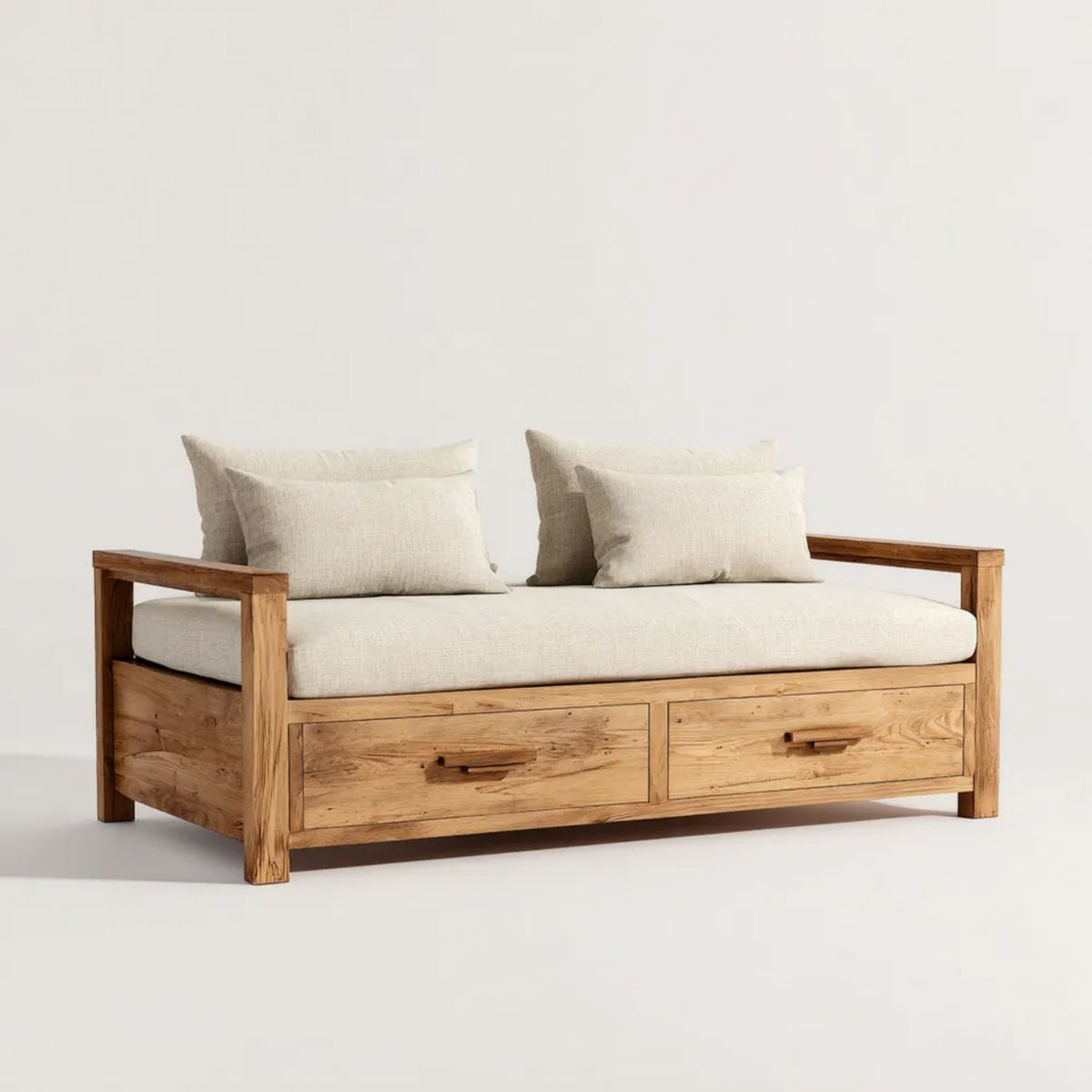 Rozkładana sofa z funkcją spania z litego drewna, beżowo-naturalna, 200 x 90 x 75 cm