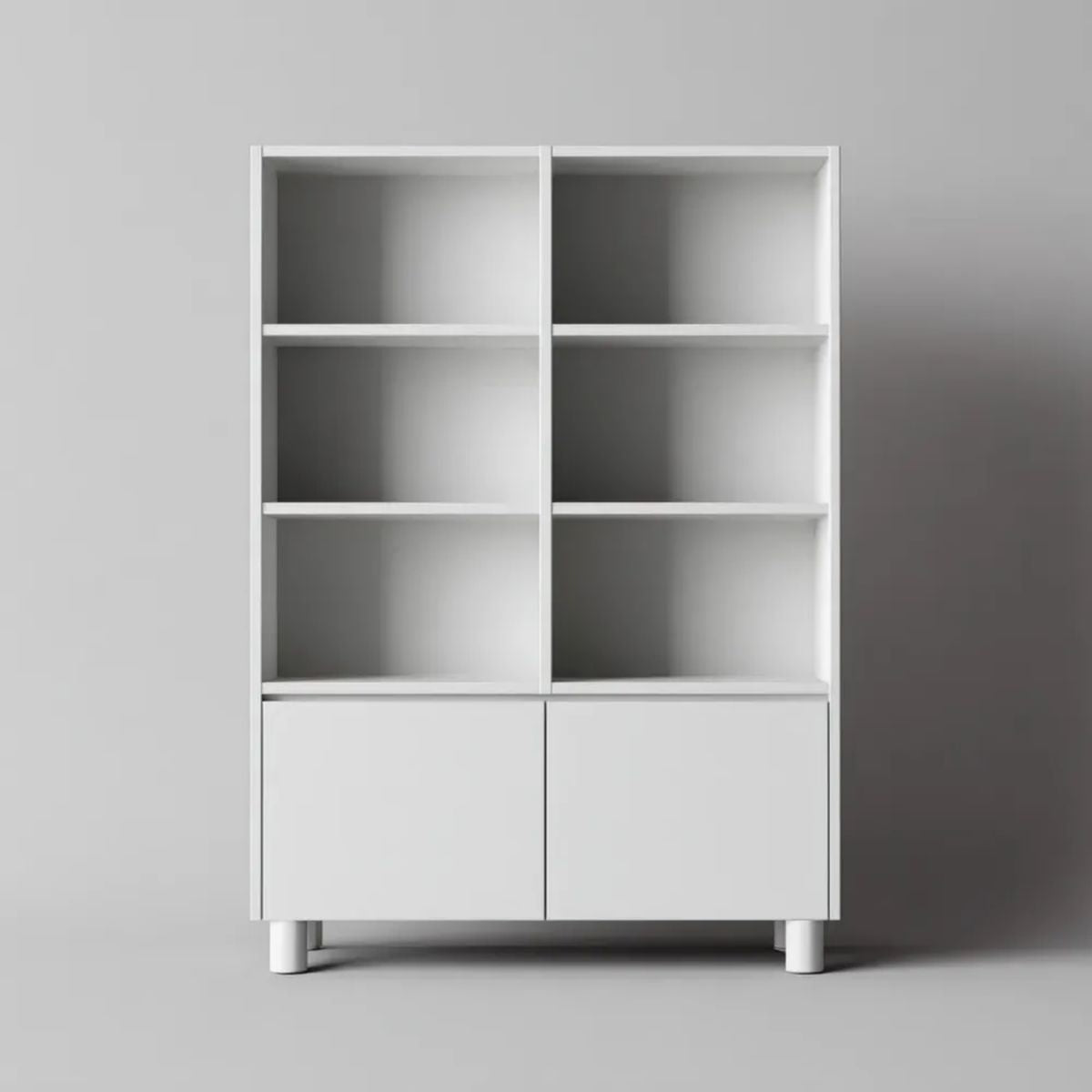 Biała biblioteczka z płyty wiórowej, 6 otwartych wnęk i 2 drzwiami, 80 x 30 x 180 cm