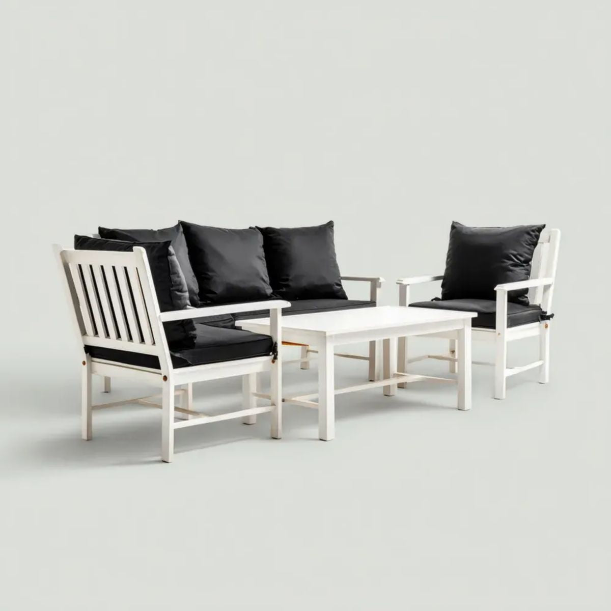 4-częściowy drewniany zestaw wypoczynkowy outdoorowy: sofa 120 × 65 cm, 2 fotele i stolik kawowy, biało-czarny