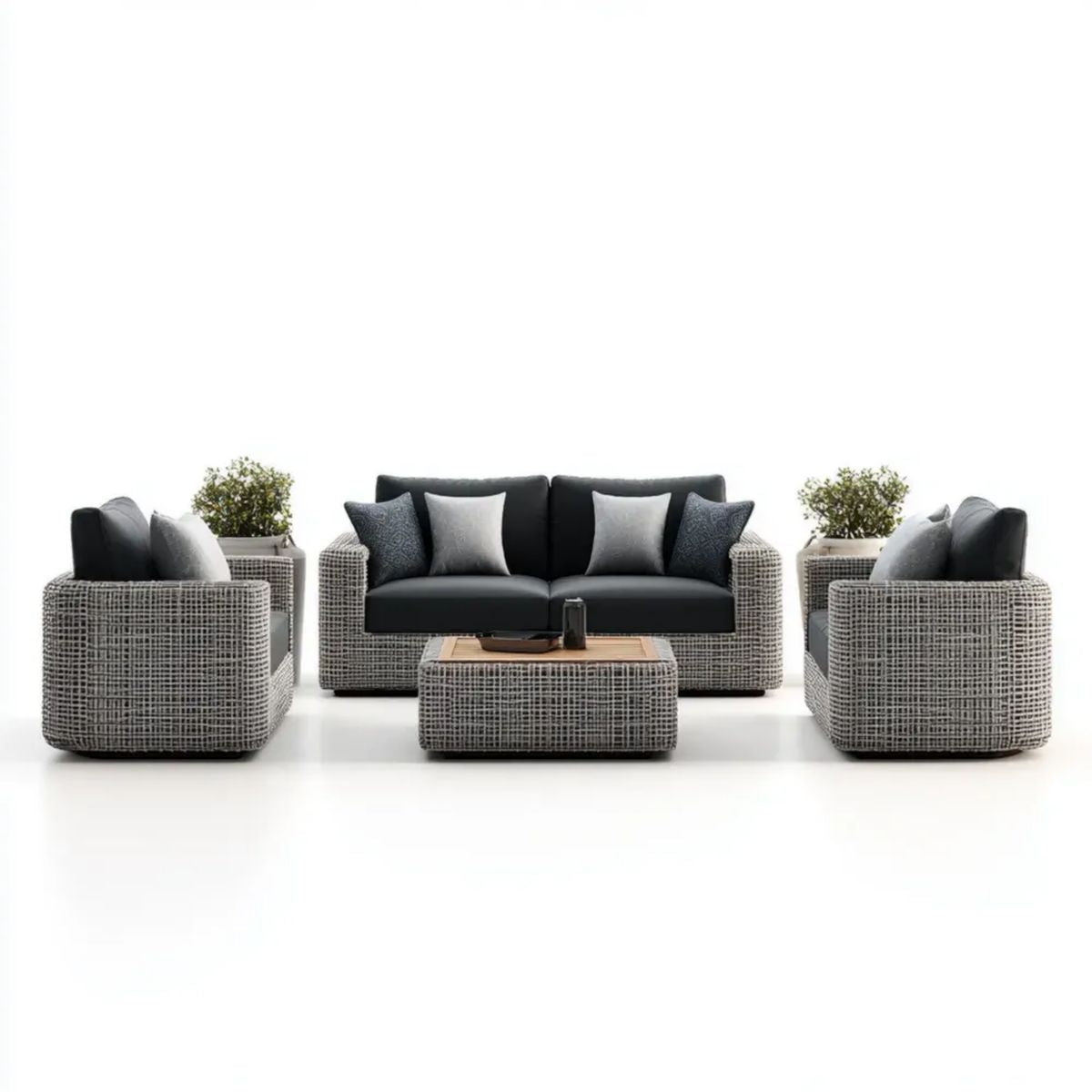 Ogrodowy zestaw wypoczynkowy z technorattanu, 4-elementowy, szaro-czarno-jasnobrązowy, sofa 160 x 80 x 75 cm