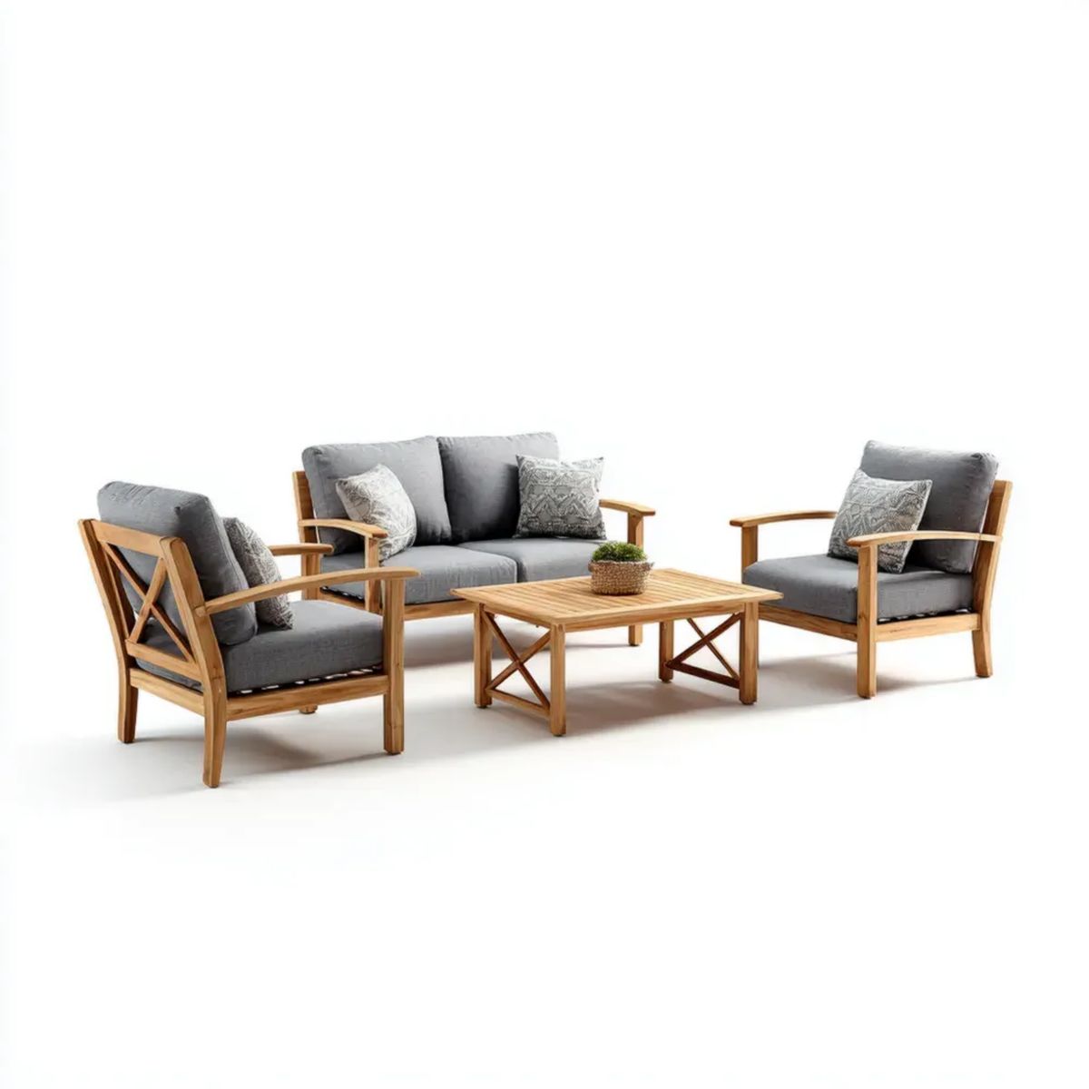 4-częściowy ogrodowy zestaw wypoczynkowy z drewna akacjowego, szary, sofa 135 x 75 x 80 cm