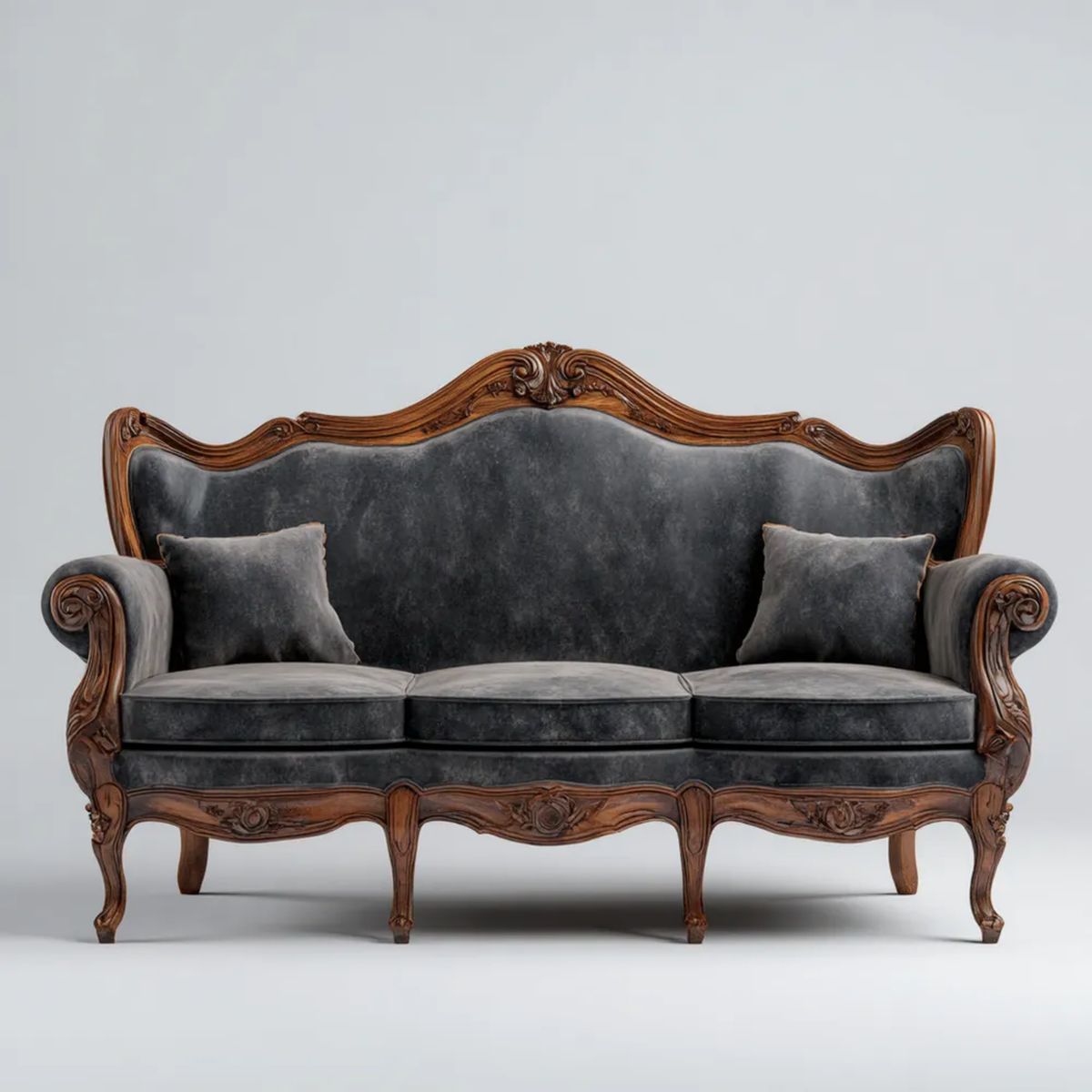 Trzyosobowa sofa drewniana z aksamitną tkaniną, ciemnoszaro-brązowa, 220 × 95 × 115 cm