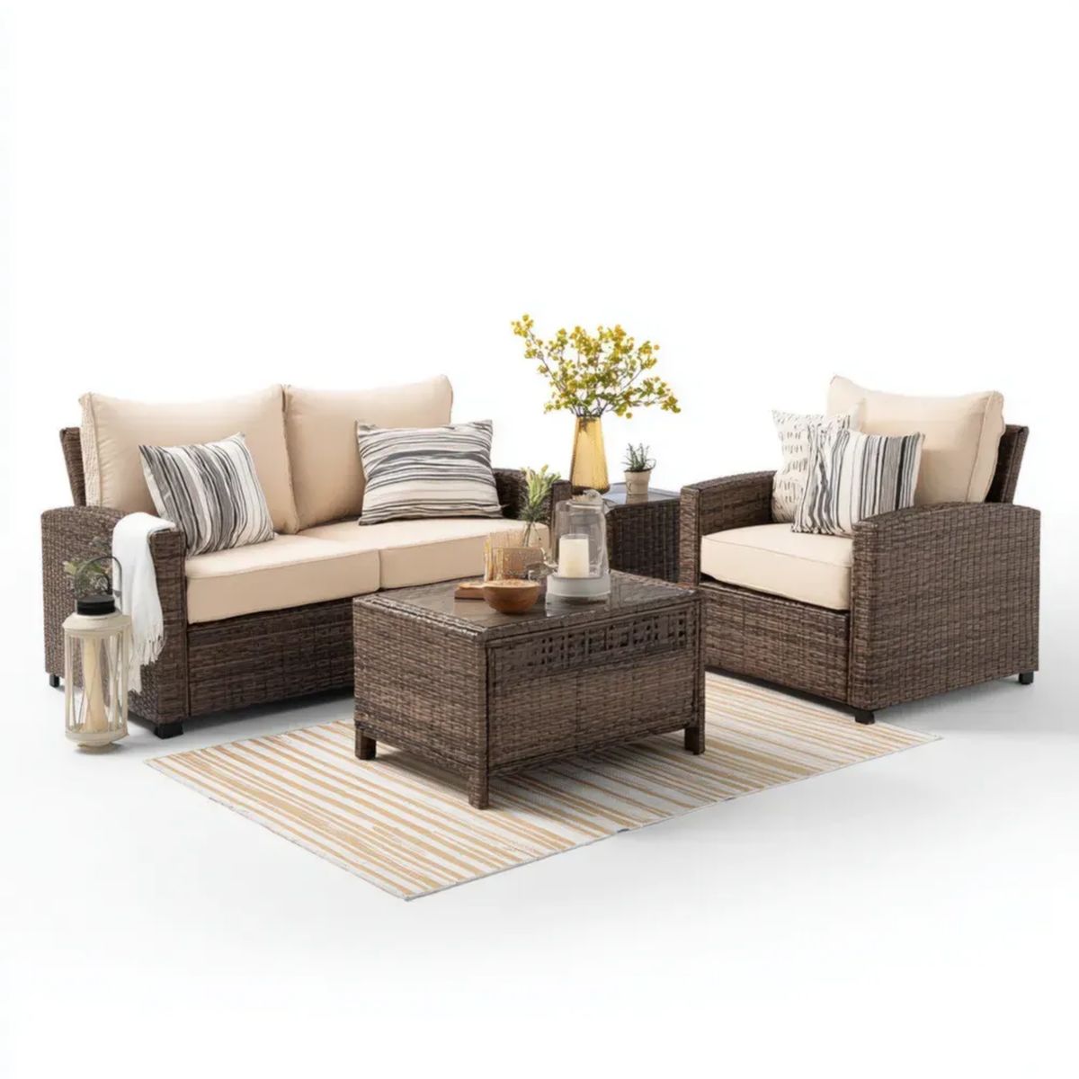4-częściowy zestaw mebli ogrodowych z technorattanu brązowy/beżowy/czarny – sofa 2-osobowa 120 × 65 × 76 cm, fotel, 2 stoliki