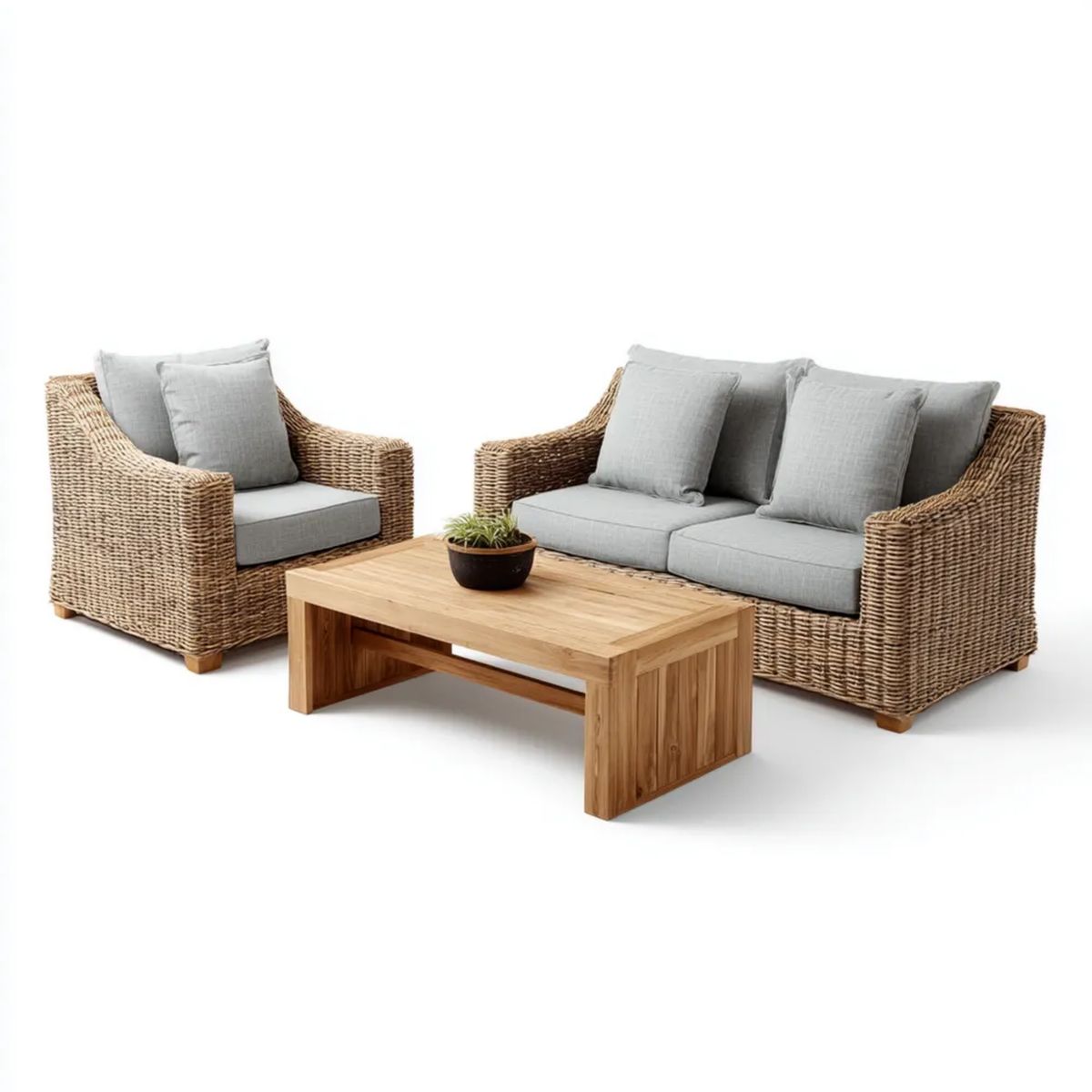 Zestaw mebli ogrodowych z naturalnego rattanu – sofa 2-osobowa 150 × 80 × 78 cm, fotel i stolik kawowy, beżowo-szary