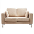 Beżowa sofa dwuosobowa z tapicerką poliestrową i metalowymi nogami, 140 × 85 × 85 cm