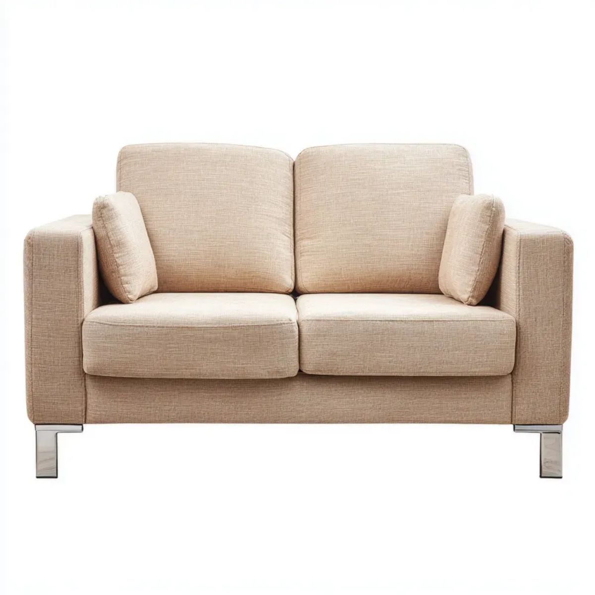 Beżowa sofa dwuosobowa z tapicerką poliestrową i metalowymi nogami, 140 × 85 × 85 cm