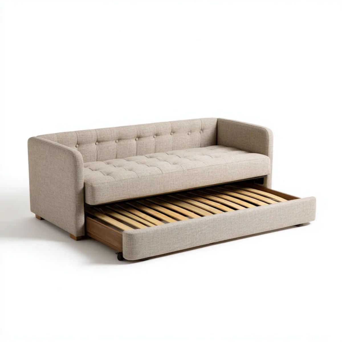 Beżowa sofa rozkładana z tapicerką poliestrową 210 × 90 × 85 cm