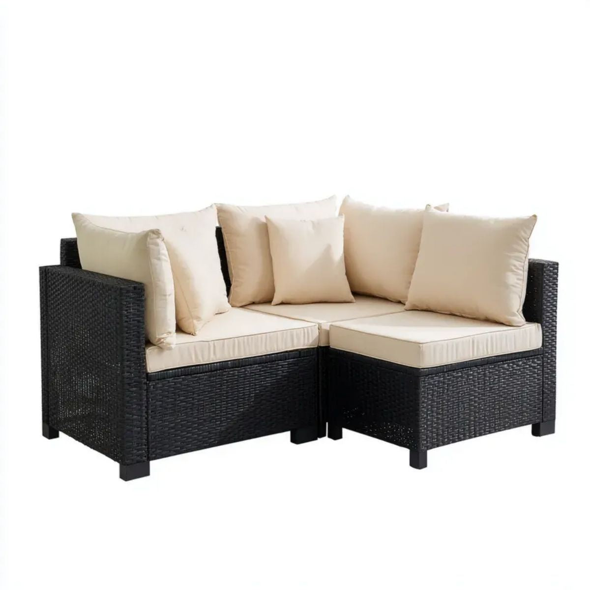 Modułowa narożna sofa ogrodowa 2-częściowa z technorattanu, czarna/kremowa, 140 × 70 × 63 cm