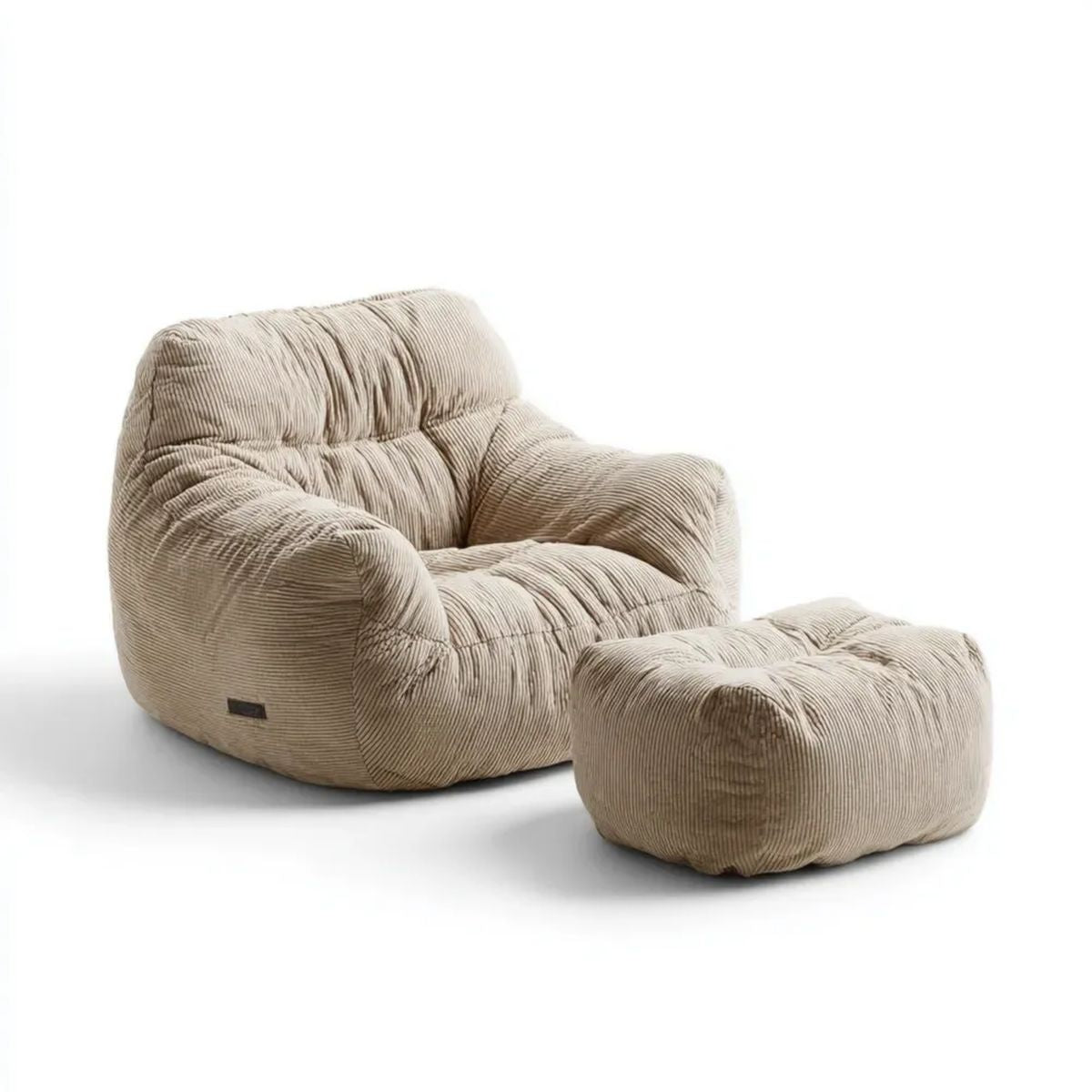 Beżowy fotel typu bean bag z podnóżkiem z poliestrowego sztruksu, 95 × 90 × 80 cm