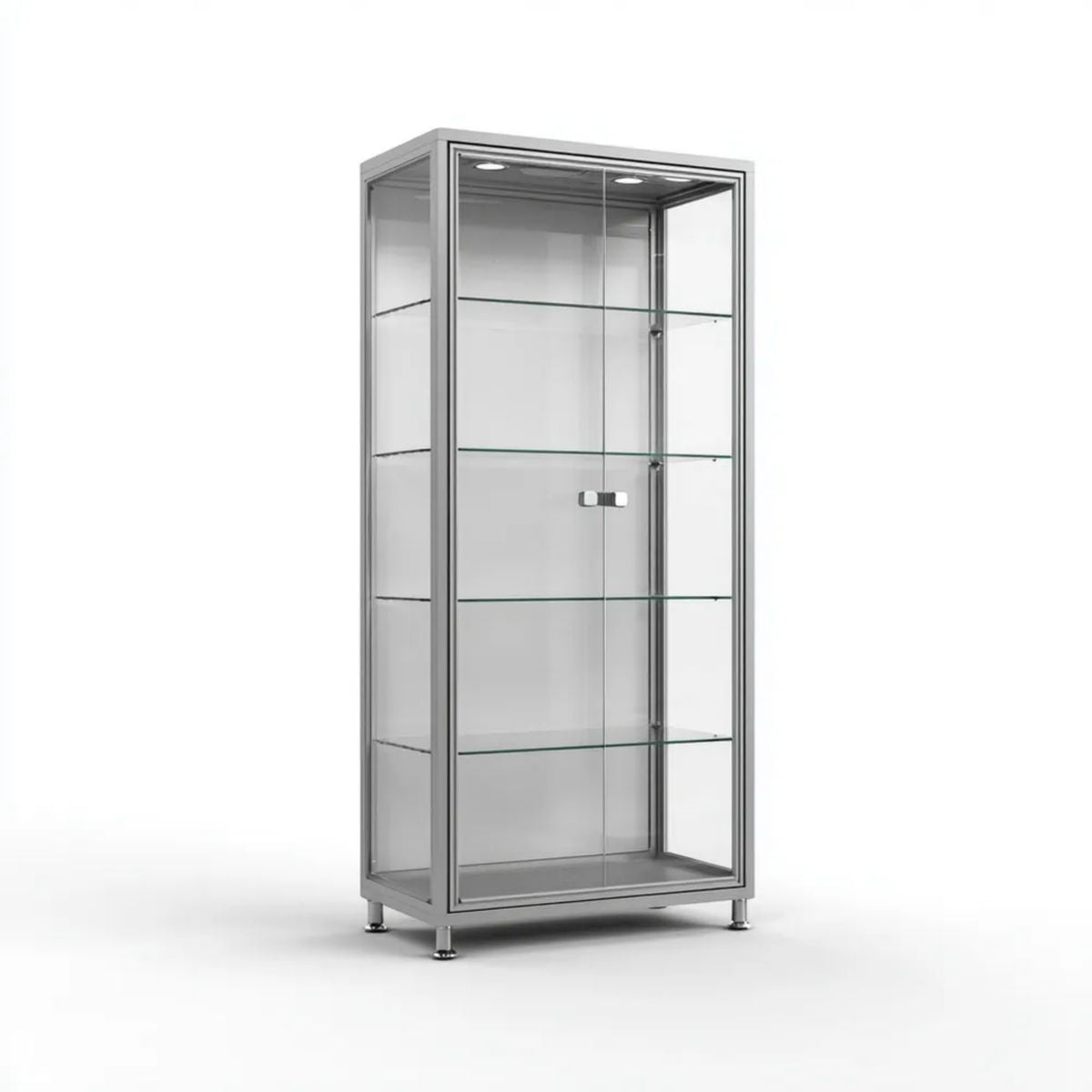 Srebrna witryna ekspozycyjna z aluminium i szkła hartowanego 80 x 40 x 180 cm z oświetleniem LED