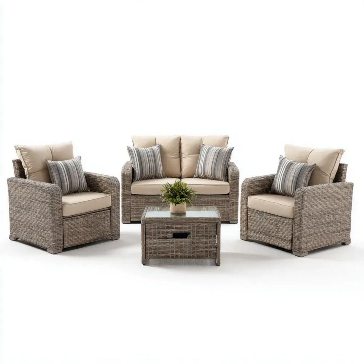 4-częściowy zestaw mebli ogrodowych z technorattanu beżowo-szary, sofa 2-osobowa, 2 fotele i stolik 110 x 60 x 45 cm