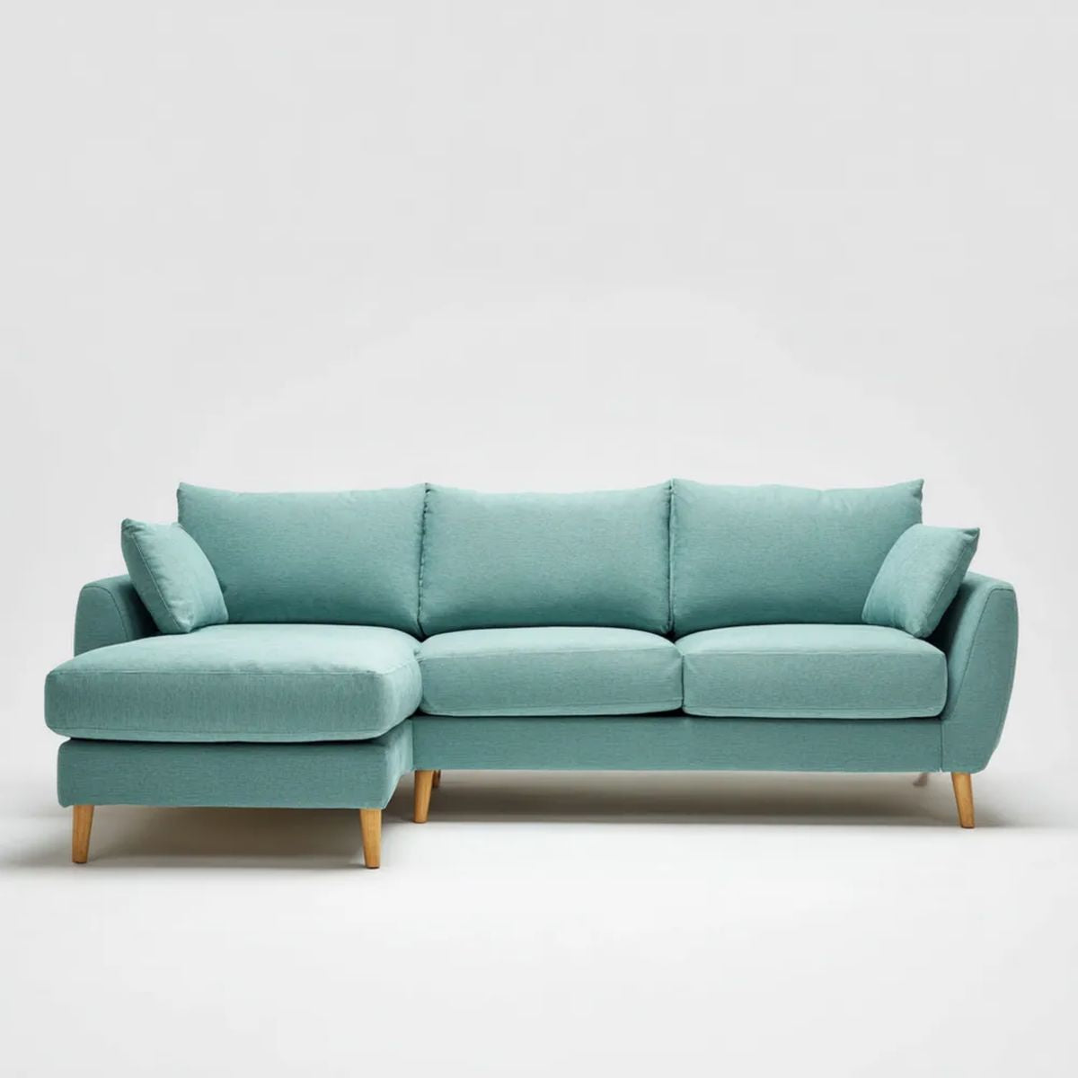 Turkusowa sofa narożna z lewym szezlongiem, tapicerka poliestrowa, 240 x 155 x 85 cm