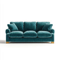 Trzyosobowa sofa z weluru poliestrowego turkusowa z brązowymi nogami, 220 x 95 x 88 cm