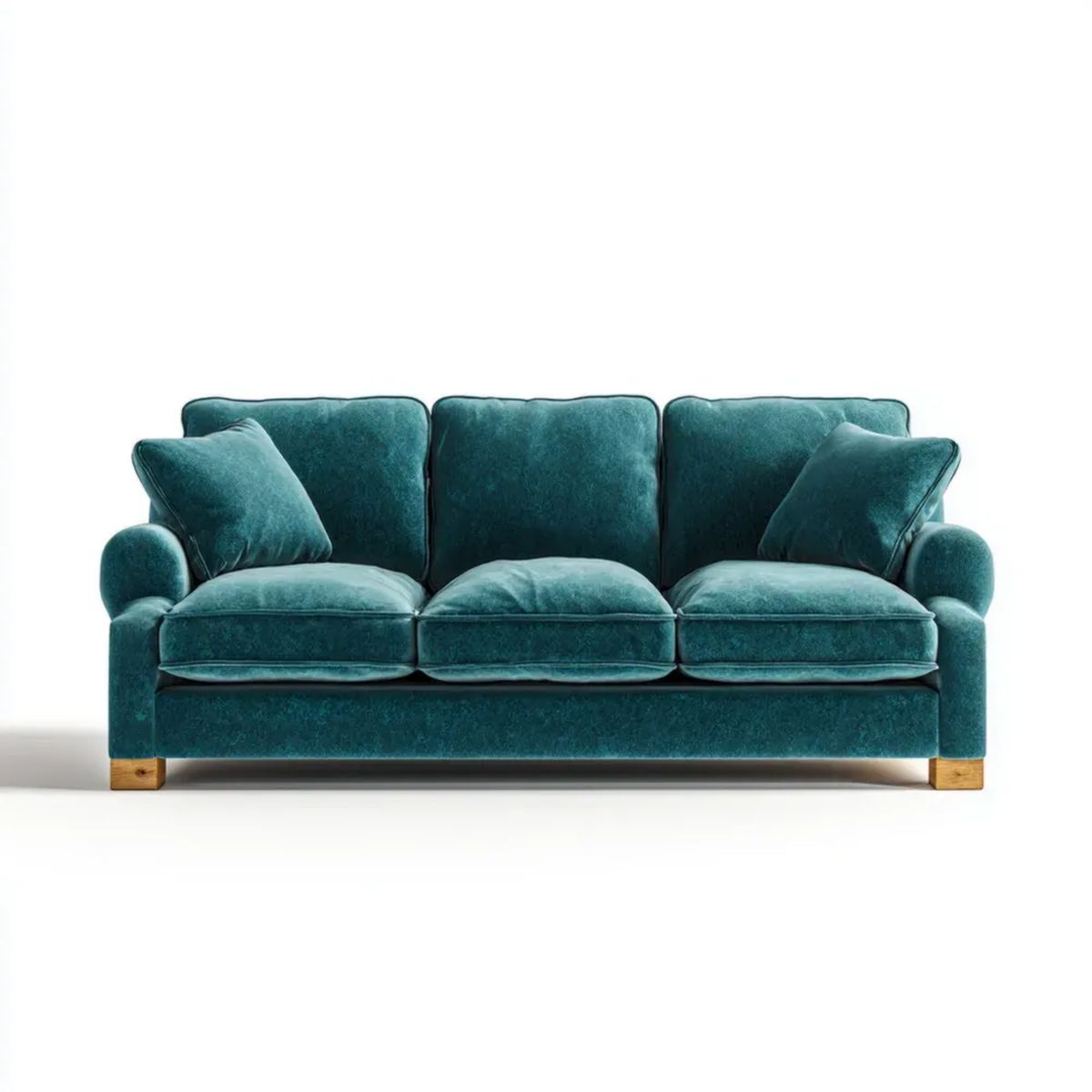 Trzyosobowa sofa z weluru poliestrowego turkusowa z brązowymi nogami, 220 x 95 x 88 cm