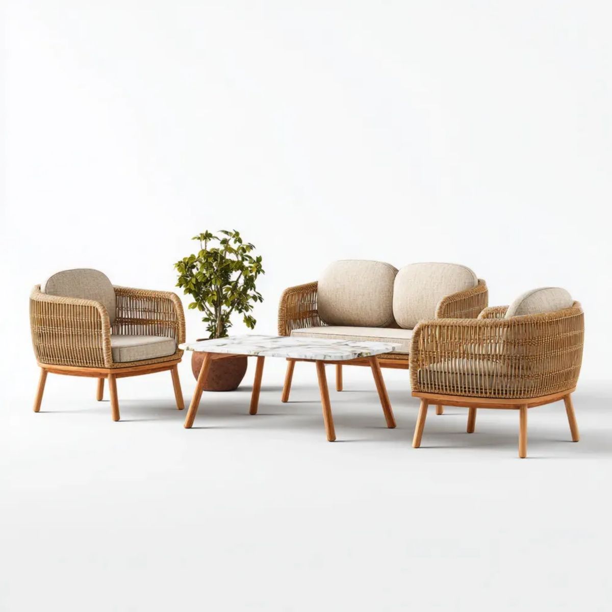 4-częściowy ogrodowy zestaw wypoczynkowy z plecionką PE i poduszkami, beżowo-brązowo-biały – sofa 140 × 75 × 78 cm, fotele 72 × 75 × 78 cm, stolik 110 × 60 × 45 cm