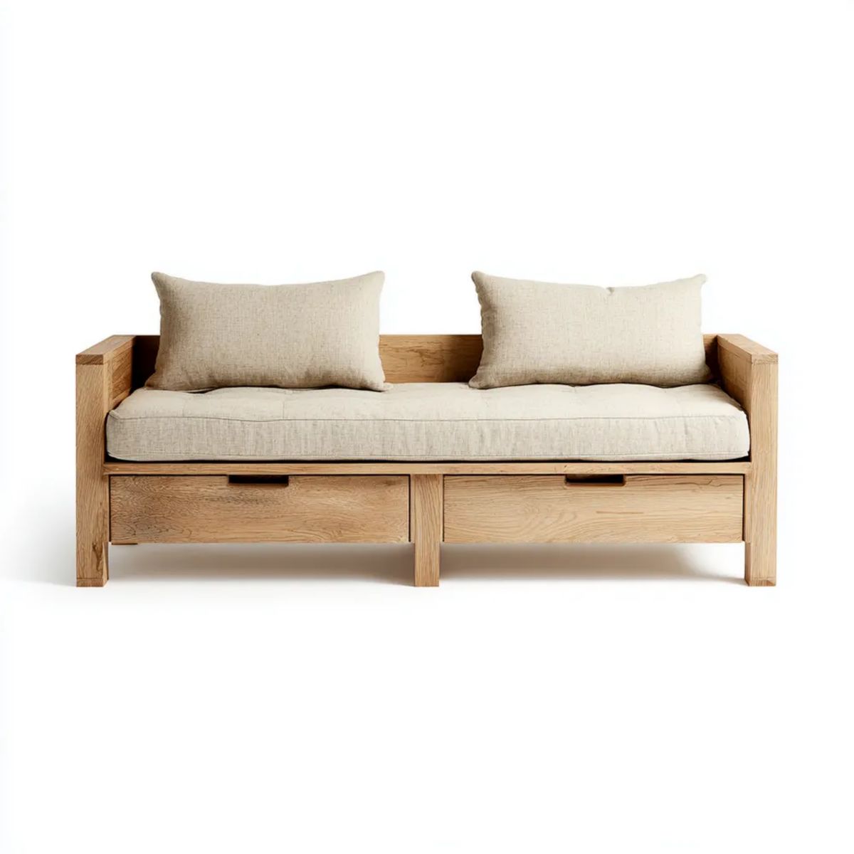 Drewniana sofa z 2 szufladami, naturalny dąb/beż/czarny, 200 × 80 × 85 cm