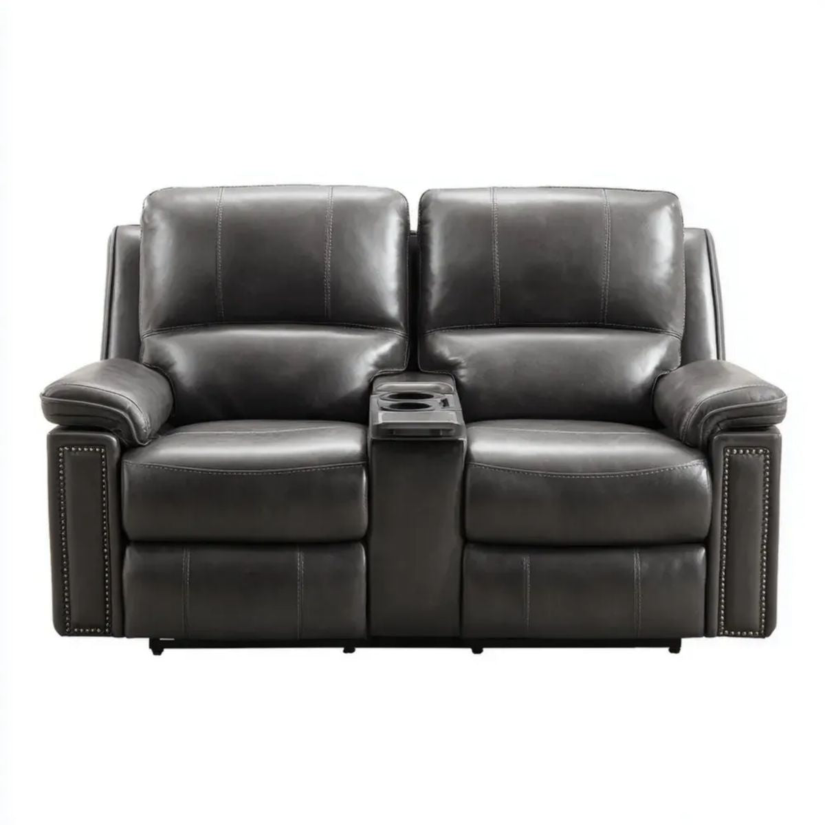 Czarna dwuosobowa sofa ze skóry syntetycznej z konsolą i uchwytami na kubki, 180 x 92 x 102 cm