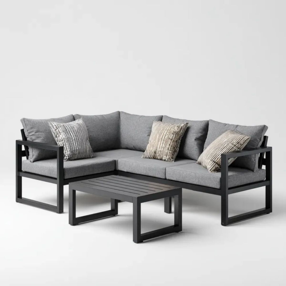 Aluminiowy narożny zestaw wypoczynkowy ogrodowy ze stolikiem, czarno-szary, 240 × 180 × 65 cm