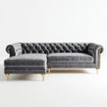Szara sofa narożna Chesterfield z lewostronnym szezlongiem, aksamit poliestrowy, 285 × 170 × 75 cm