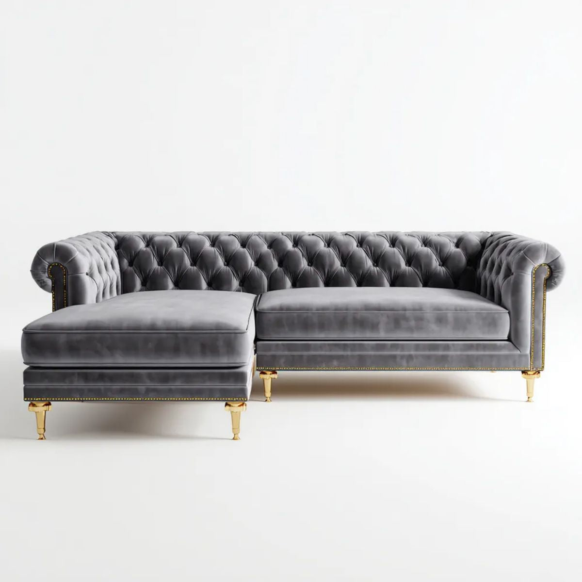 Szara sofa narożna Chesterfield z lewostronnym szezlongiem, aksamit poliestrowy, 285 × 170 × 75 cm